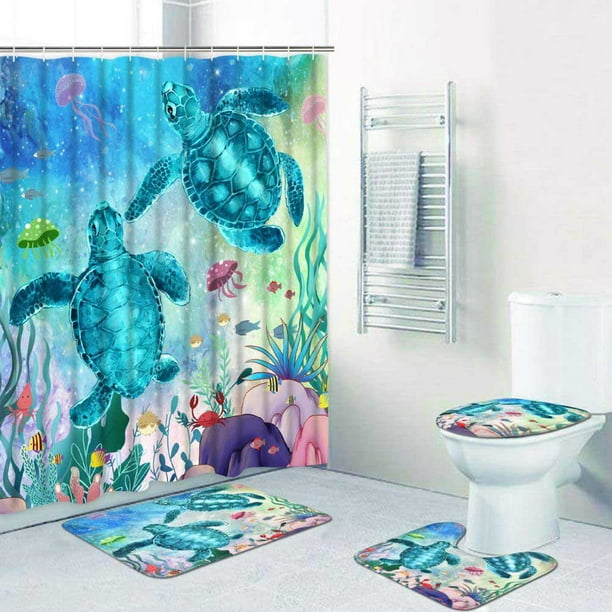 1Set Seaworld Waterproof Bathroom Shower Curtain+Floor Mat+Toilet Seat Cover BJ